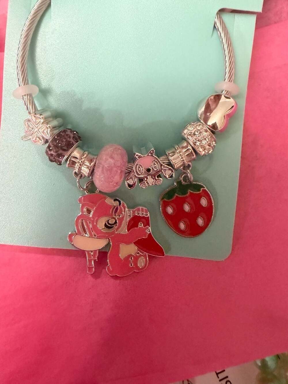 Disney Lilo & Stitch Angel Charm Bracelet with Pink Rhinestones and Strawberry P
